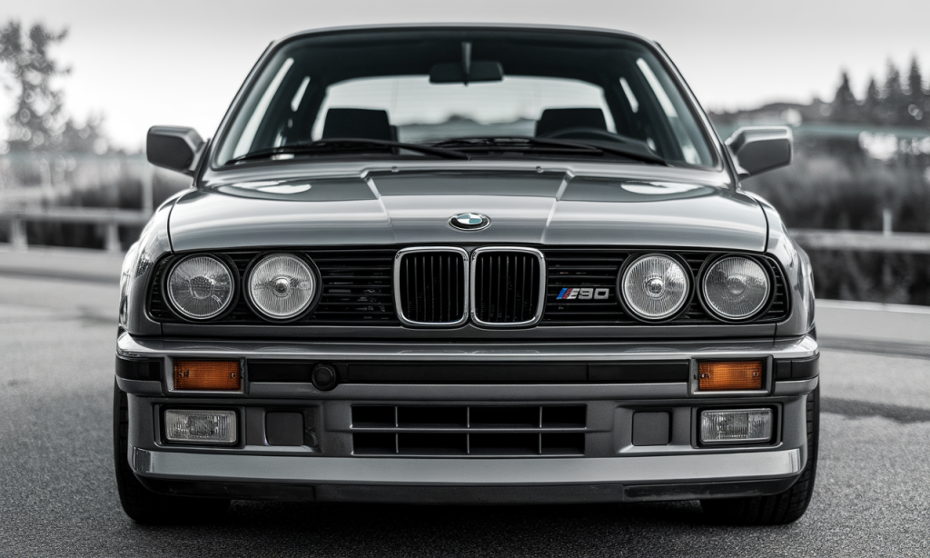 BMW E30 rouge garée sur une route