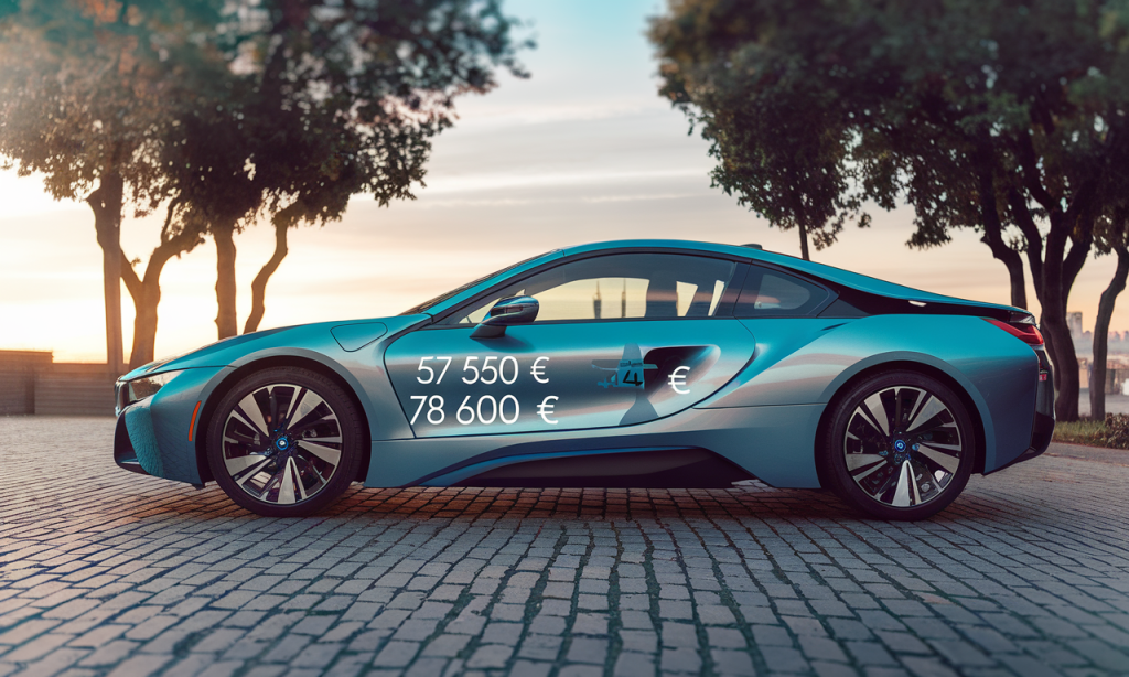BMW i4 bleue stationnée sur une route panoramique