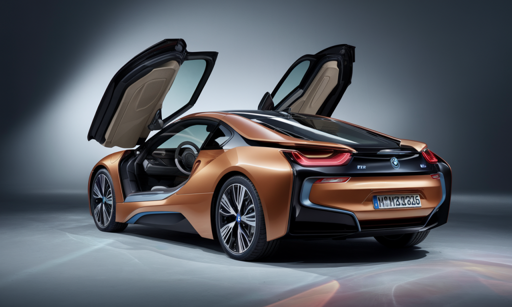 BMW i8 stationnée sur une route, illustrant son prix et ses caractéristiques