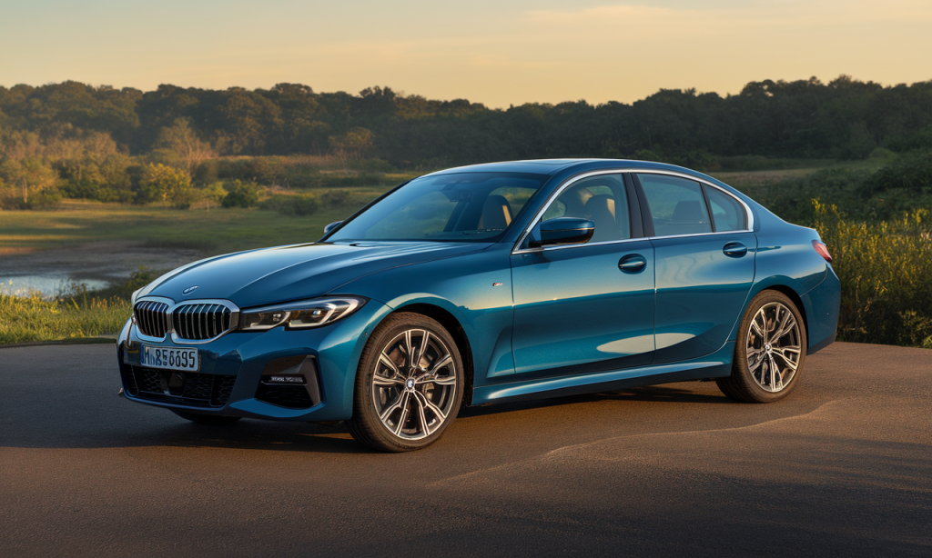BMW Série 3 stationnée sur une route, vue de face