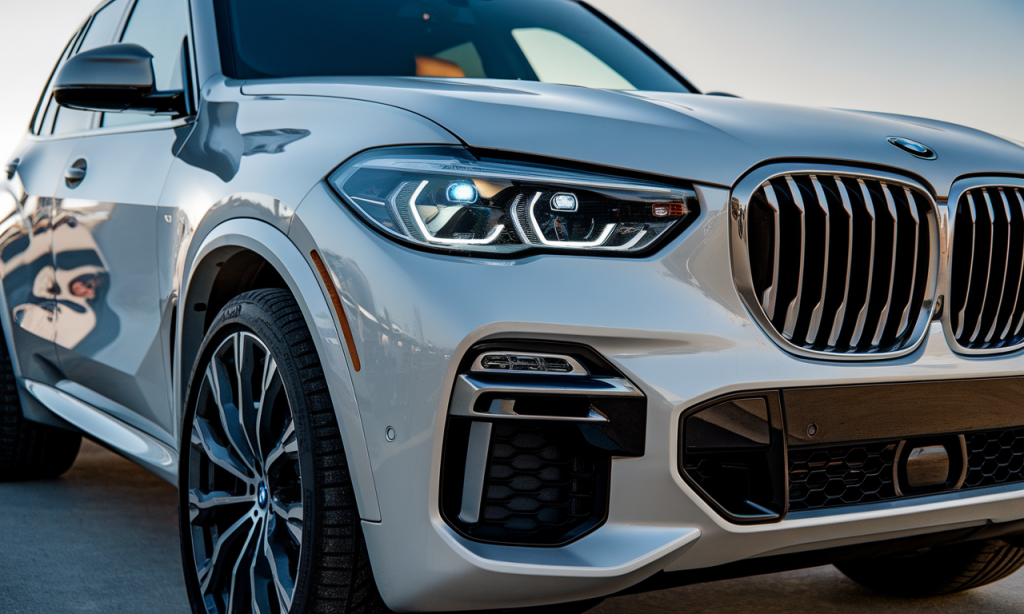 BMW X5 stationné sur une route avec un paysage en arrière-plan
