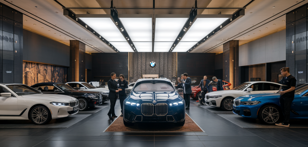 Vue du garage BMW à Avignon avec plusieurs véhicules en stationnement