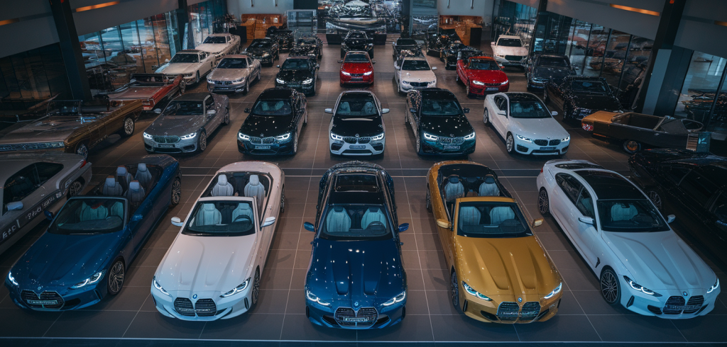 Vue du garage BMW à Chambourcy avec plusieurs véhicules en réparation
