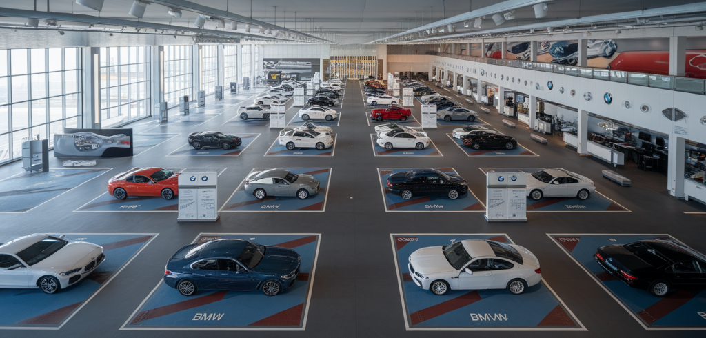Vue du Garage BMW Emond à Arlon avec plusieurs véhicules en exposition