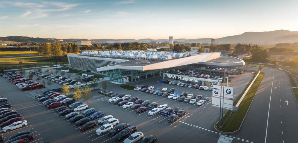 Façade du garage BMW à Haguenau avec plusieurs voitures garées devant