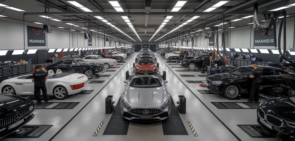 Vue du garage Mannes à Lyon spécialisé en Mercedes, Audi et BMW