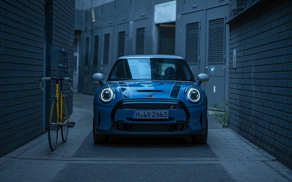 Vue latérale d'une Mini Cooper S sportive rouge sur une route de campagne