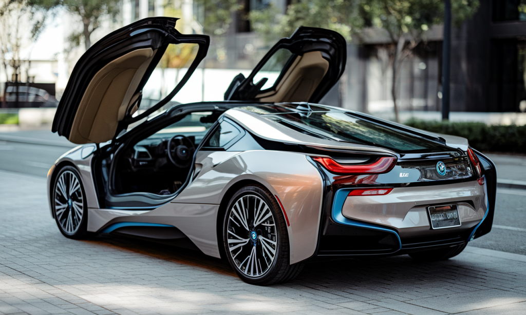 BMW i8 d'occasion bleue garée sur une route