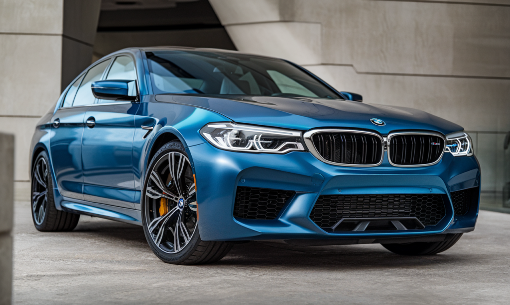 BMW M5 garée sur une route avec un paysage en arrière-plan