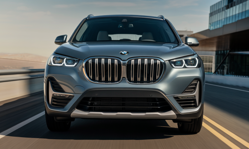 BMW X1 stationné sur une route avec un paysage en arrière-plan