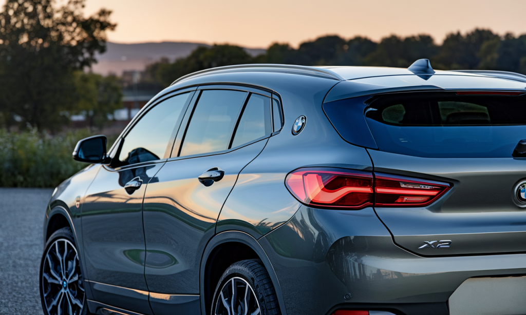 BMW X2 garée sur une route avec un paysage urbain en arrière-plan