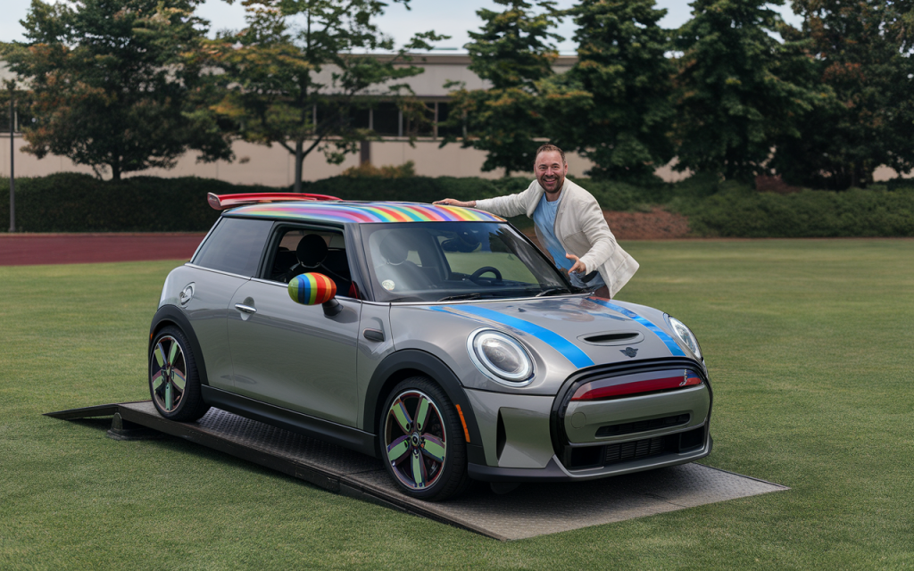 Mini Cooper rouge garée sur une route de campagne