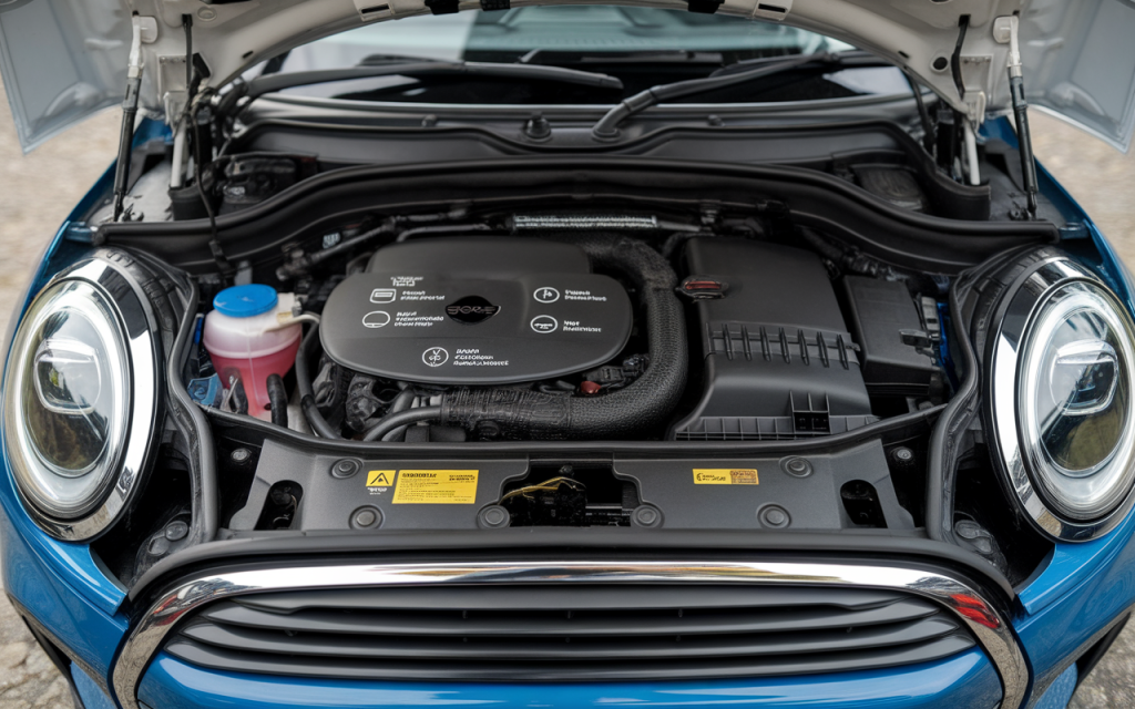Bouteille de liquide de refroidissement pour Mini Cooper posée devant le moteur