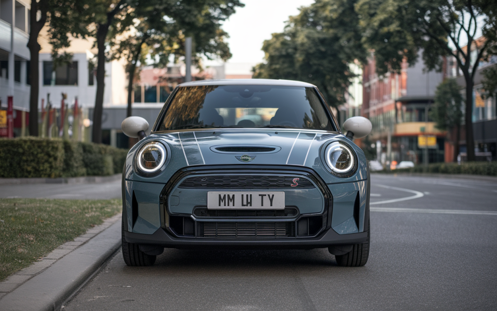 Vue latérale de la Mini Cooper 2025 de couleur rouge sur une route de campagne