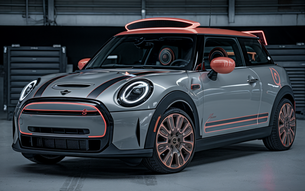 Vue de profil d'une Mini Cooper hybride stationnée en extérieur