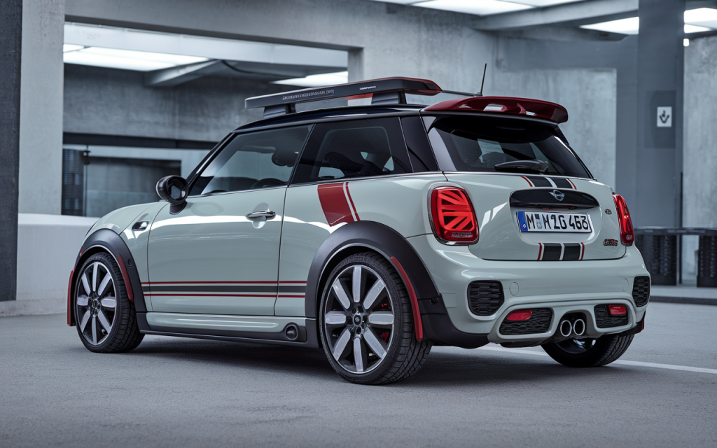 Mini Cooper flambant neuf garée sur une route panoramique