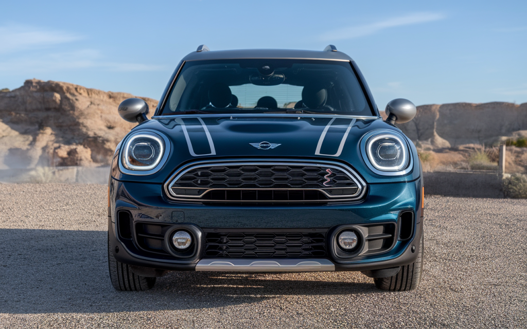 Vue latérale d’un Mini Cooper Paceman SUV de couleur rouge stationné en ville