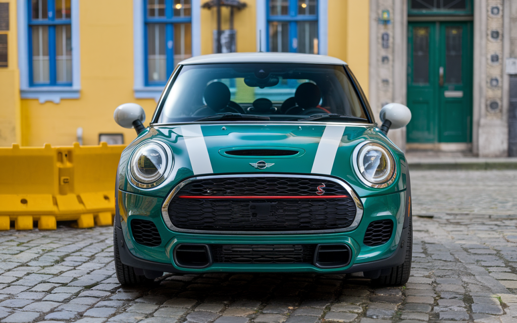 Vue latérale de la Mini Cooper SD de couleur bleue sur une route de campagne