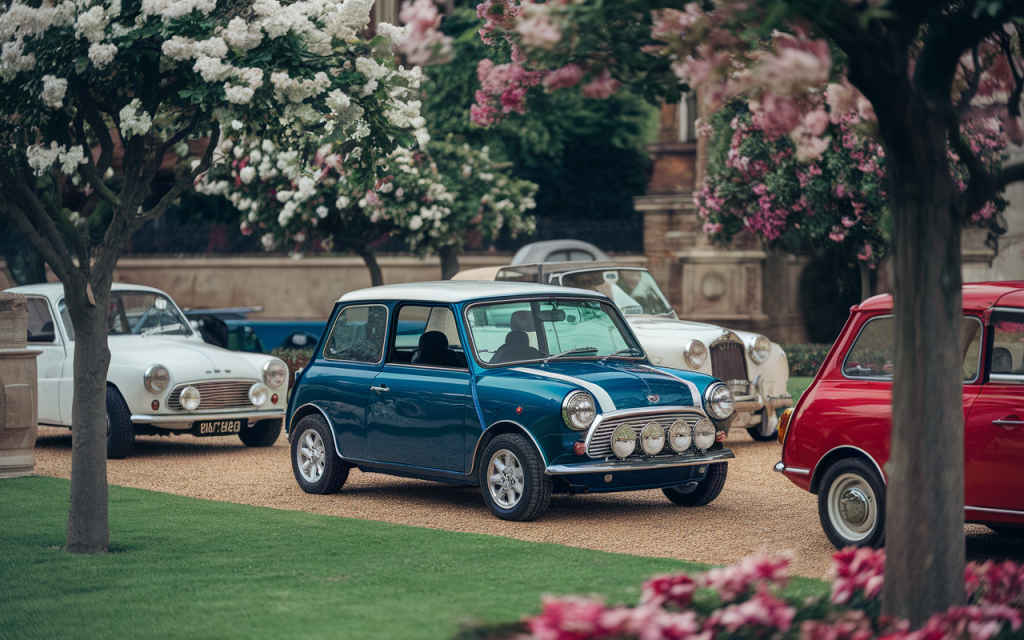 Voiture classique Mini Morris Cooper rouge garée sur une route
