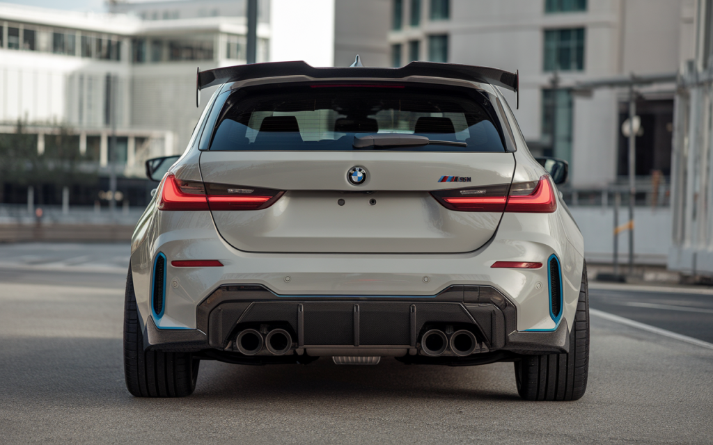 Vue latérale d'une BMW Série 1 de couleur bleue sur la route