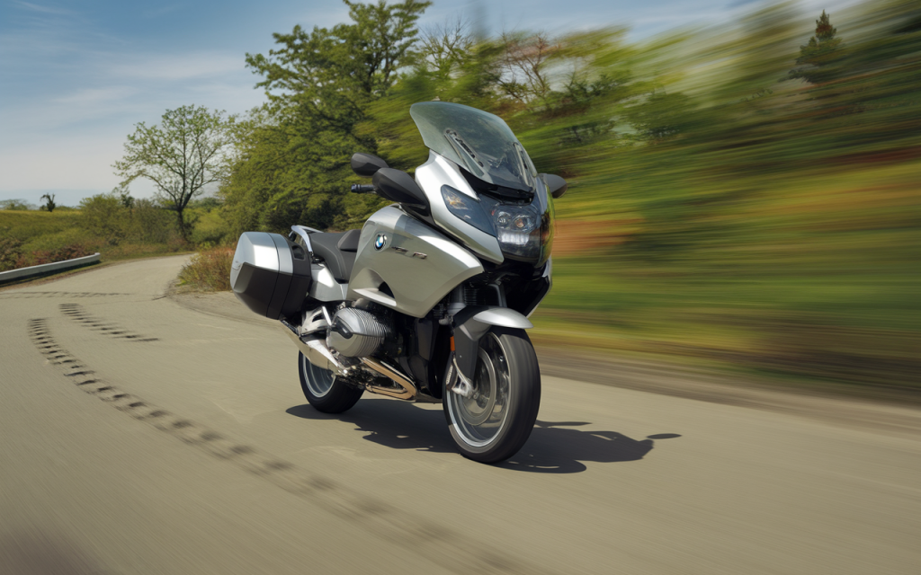 Moto BMW 1200 RT stationnée sur une route panoramique