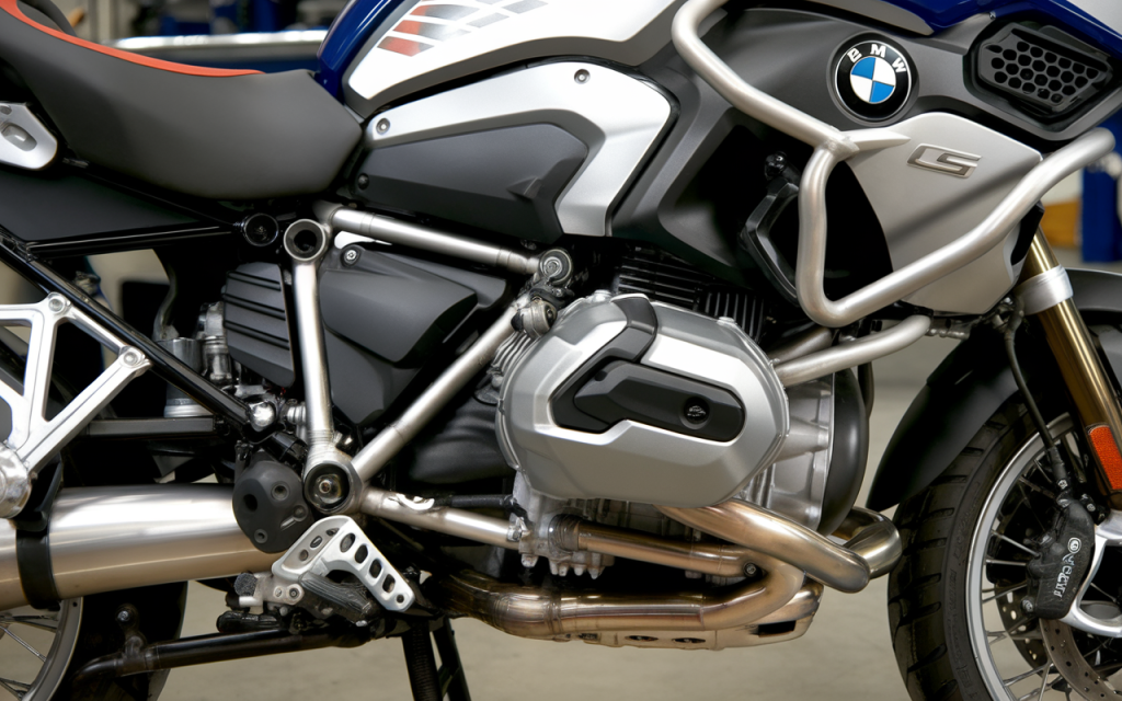 Moto BMW 1300 GS de profil sur route panoramique