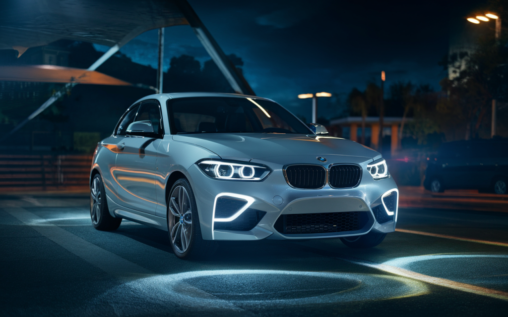 Vue latérale d'une BMW 135i de couleur grise sur une route de montagne