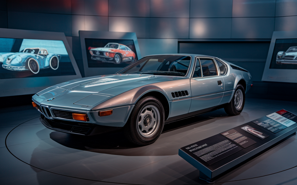 Vue latérale d'une BMW 3.0 CSI classique de couleur bleue garée en extérieur