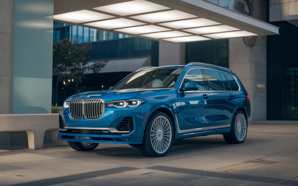 Vue latérale d'une BMW Alpina de couleur bleue sur une route de montagne