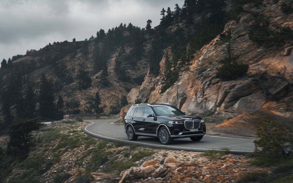 Vue latérale du SUV BMW X7 stationné sur une route panoramique