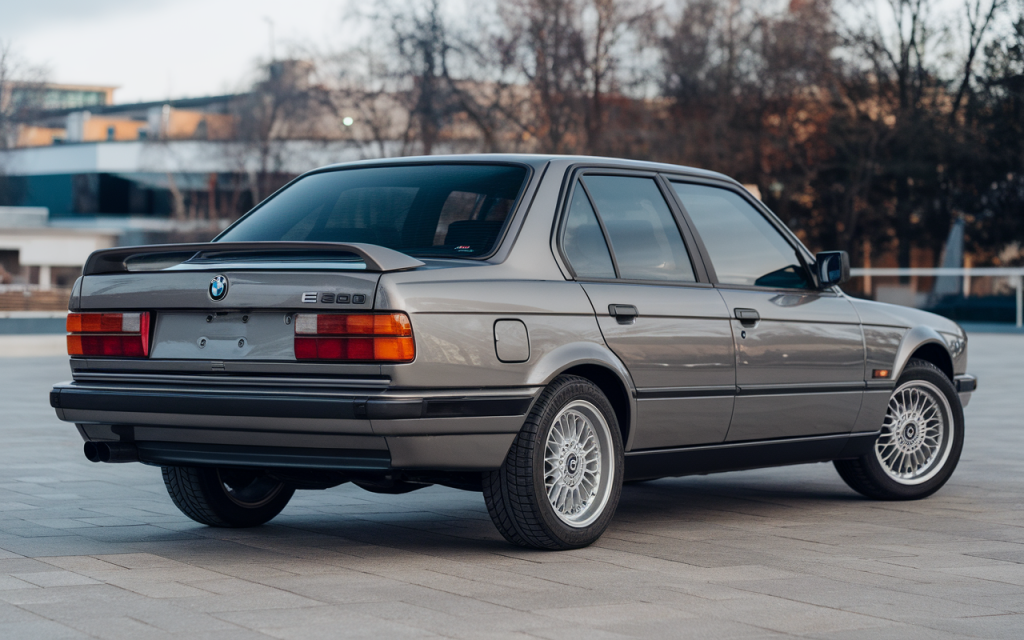 Vue latérale d'une BMW E30 classique en parfait état