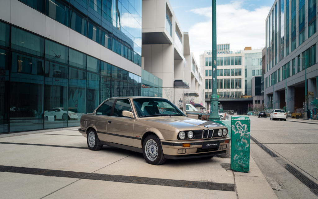 Vue latérale d'une BMW E34 de couleur noire stationnée sur une route de campagne