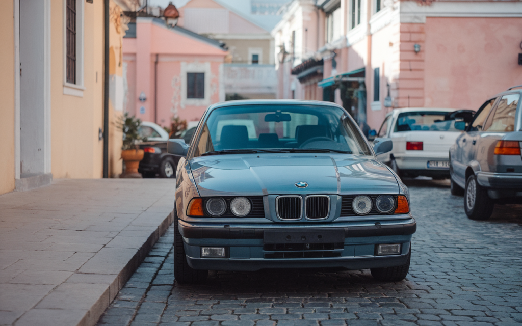 Vue latérale d'une BMW E36 classique, peinte en bleu métallisé