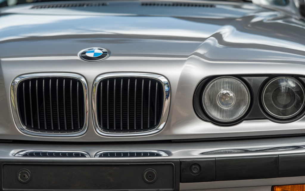 Vue latérale d'une BMW E39 automatique de couleur noire stationnée en extérieur