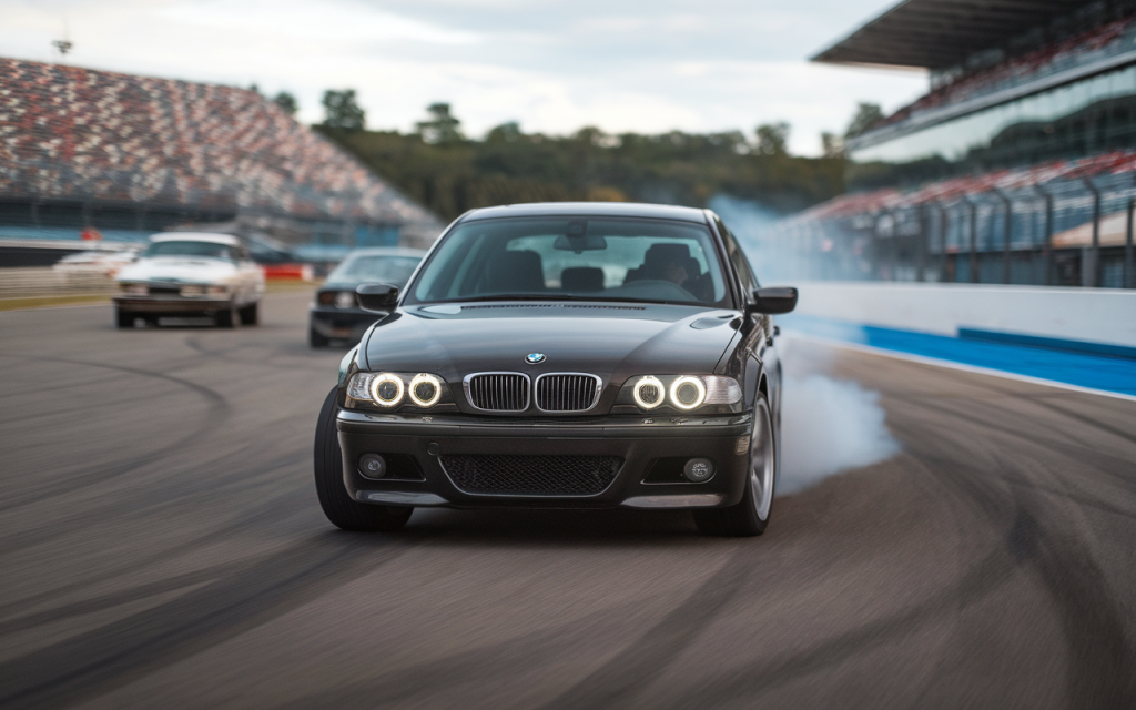 Vue latérale d'une BMW E60 automatique noire garée en extérieur