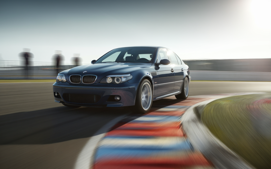 Vue latérale d'une BMW E60 de couleur noire garée sur une route