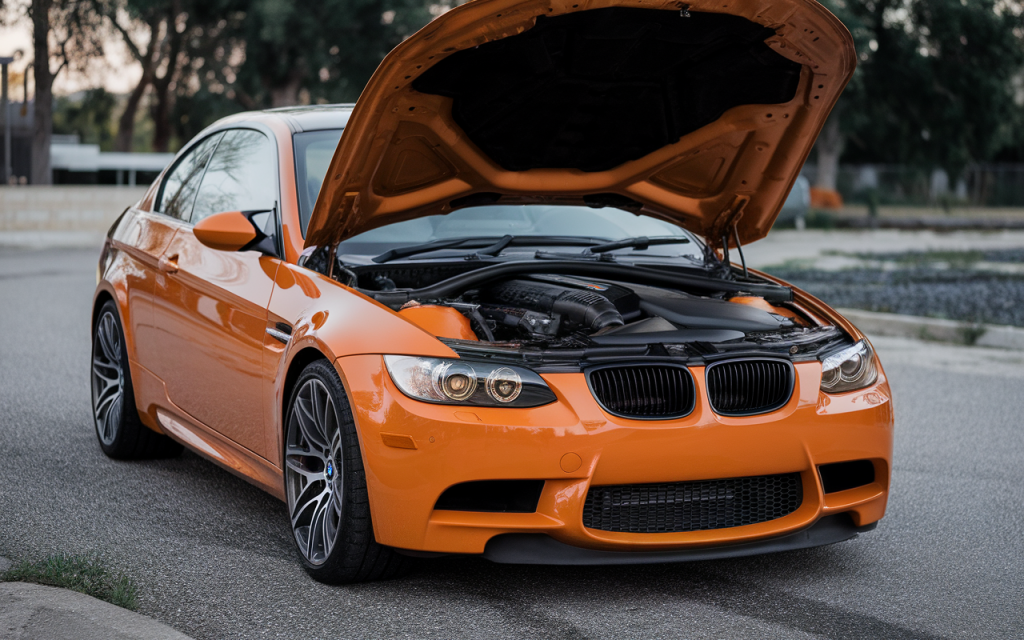 Vue latérale d'une BMW E90 de couleur noire garée en extérieur