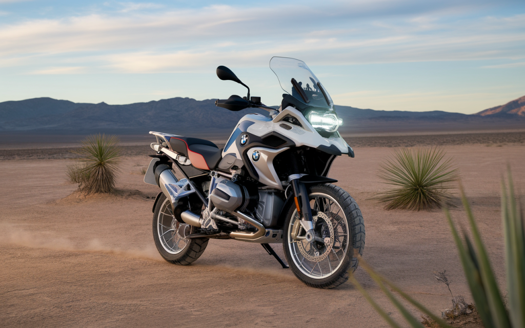 Moto BMW GS 1300 stationnée sur une route de montagne