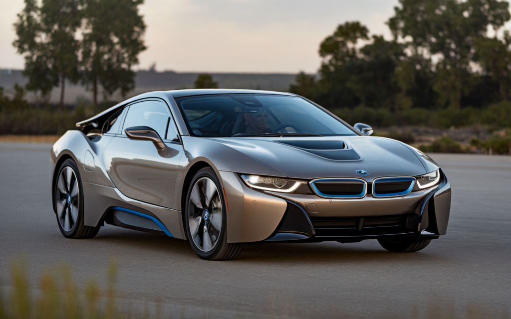 Vue latérale de la BMW i4, une berline électrique sportive de couleur bleue