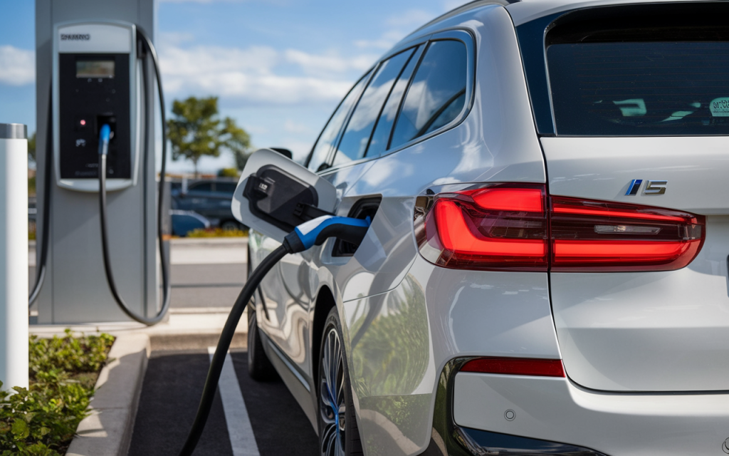 Vue latérale de la BMW i5 électrique sur route
