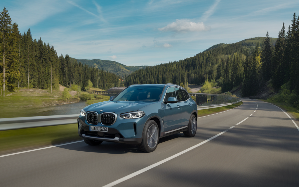 Vue latérale du SUV électrique BMW iX3 de couleur bleue