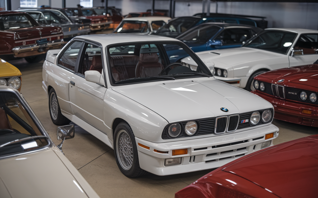 BMW M3 E30 classique garée sur une route de montagne