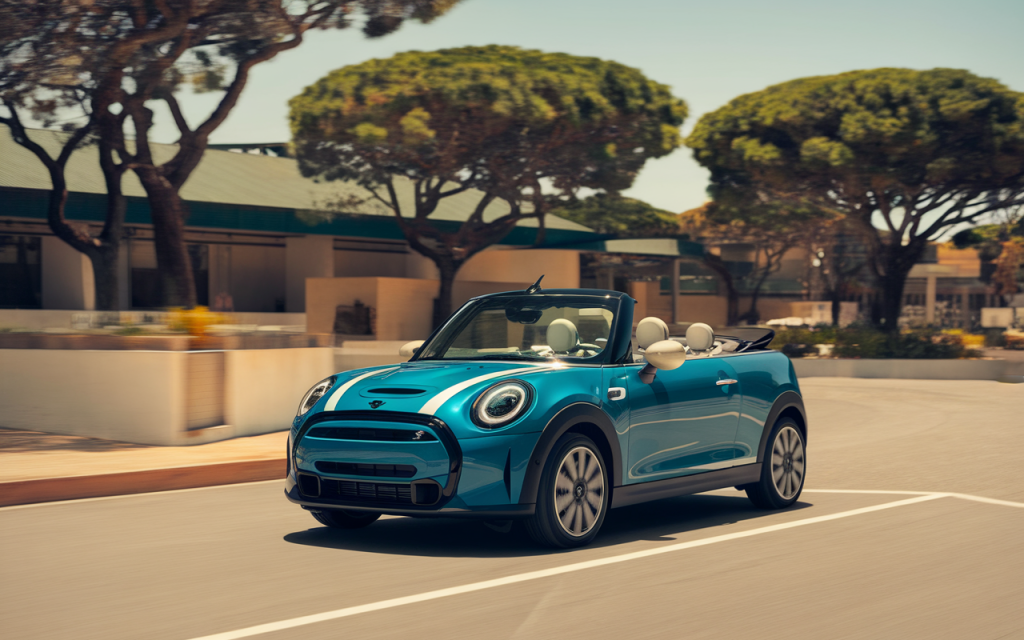Vue latérale d'une BMW Mini Cooper garée sur une route de campagne