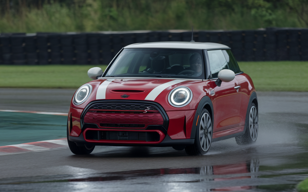 Vue latérale d'une BMW Mini Cooper de couleur rouge garée en ville