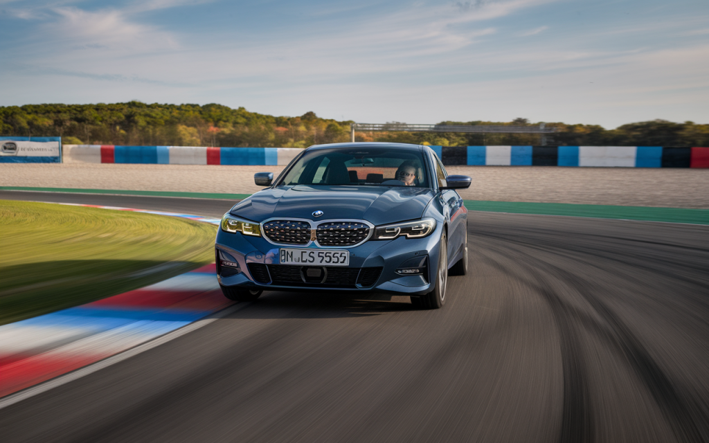 Vue de la nouvelle BMW Série 3 stationnée sur une route panoramique