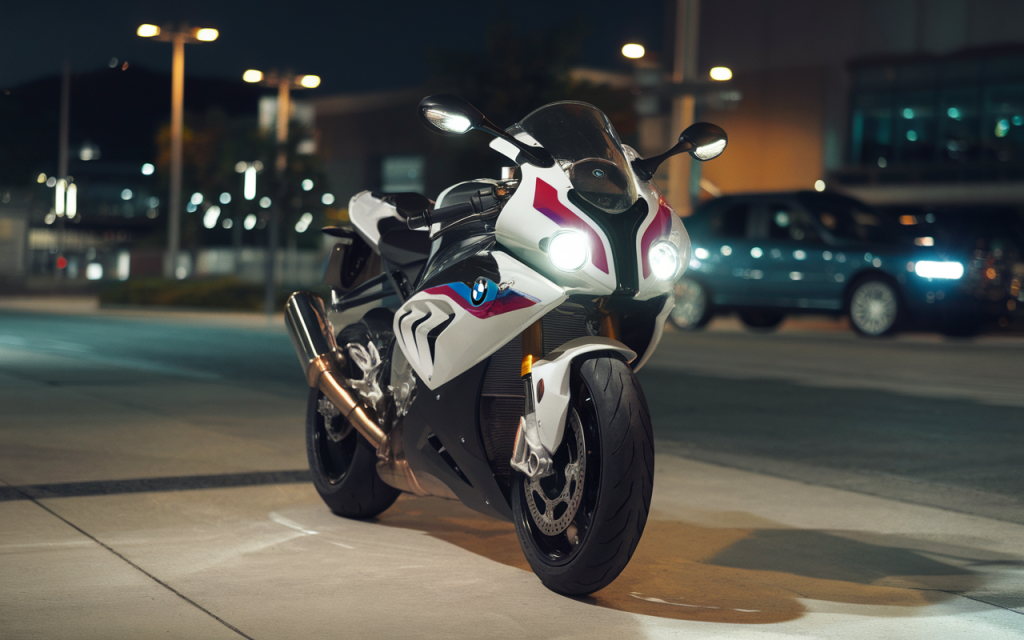 Moto sportive BMW S1000RR garée sur une route de montagne