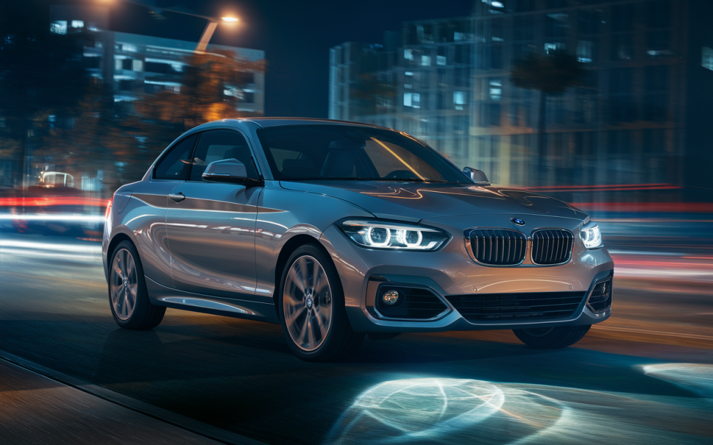 Vue latérale d'une BMW Série 1 à 3 portes de couleur bleue