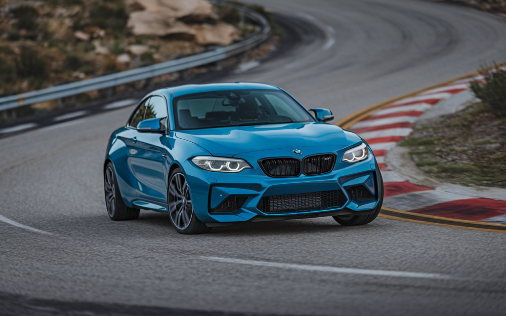 Vue latérale d'une BMW Série 2 garée sur une route de montagne