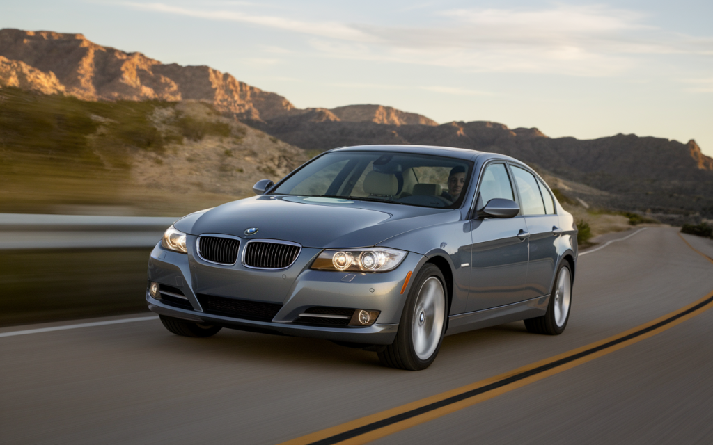 Vue latérale d'une BMW Série 3 de 2009 de couleur grise