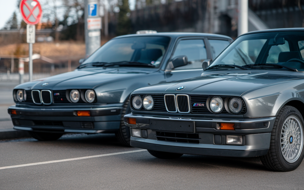 Vue latérale d'une BMW Série 3 berline gris métallisé